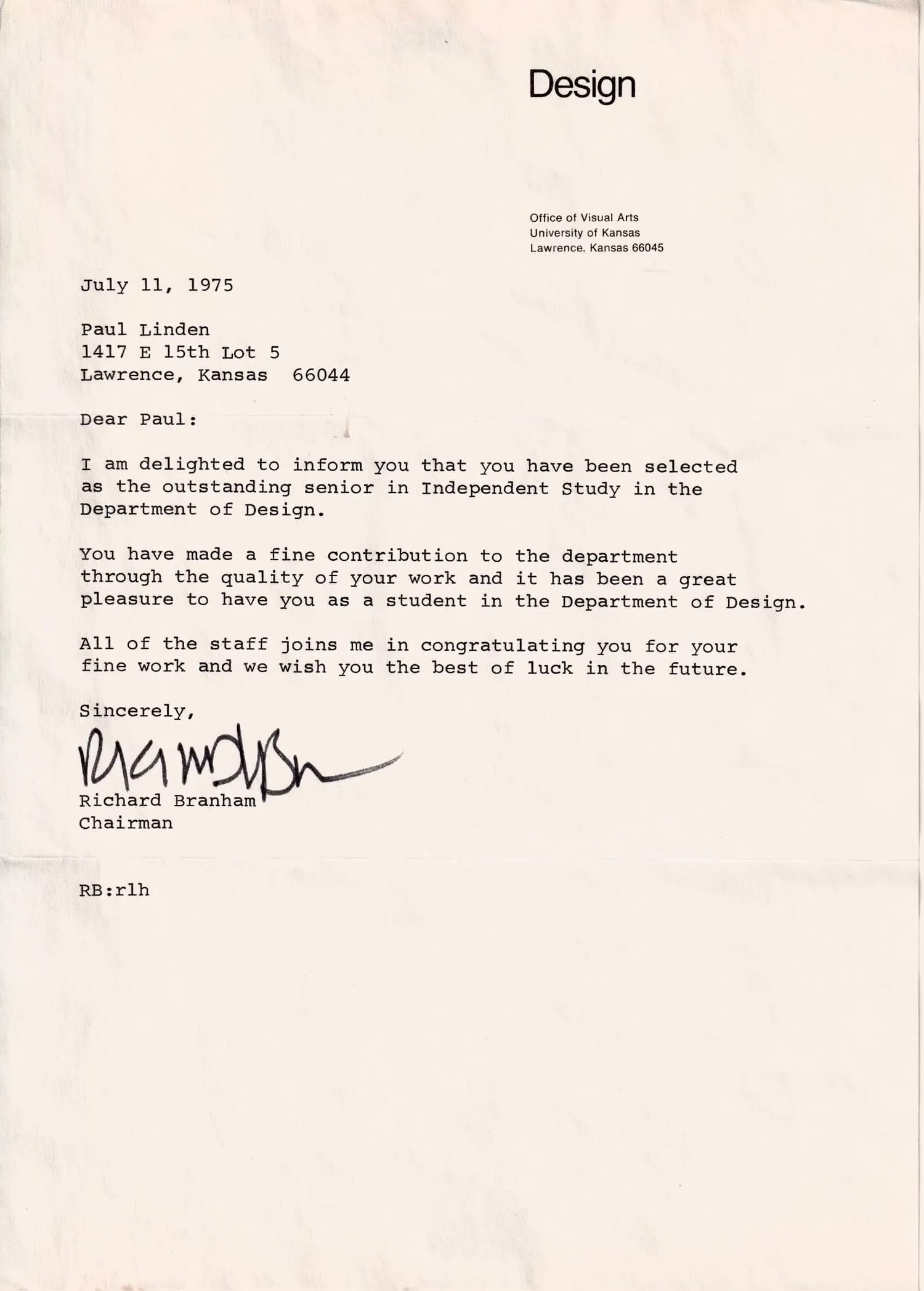 A typed July 11, 1975 letter on University of Kansas "Design" / Office of Visual Arts letterhead, addressed to Paul Linden, signed by Chairman Richard Branham.
