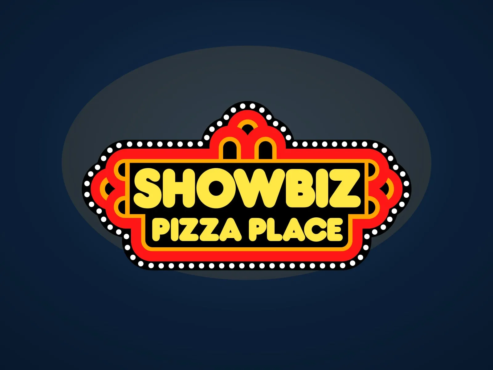The ShowBiz Pizza Place marquee logo (Cyberstar powered ShowBiz showrooms).