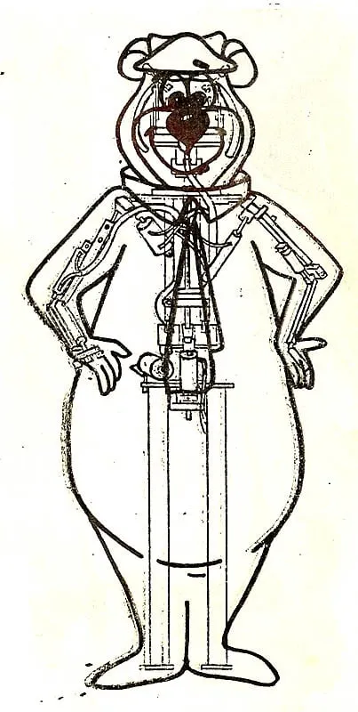 A 1987 ShowBiz design drawing of the Yogi Bear retrofit — the Rolfe animatronic mechanism fitted inside the Yogi Bear character body.